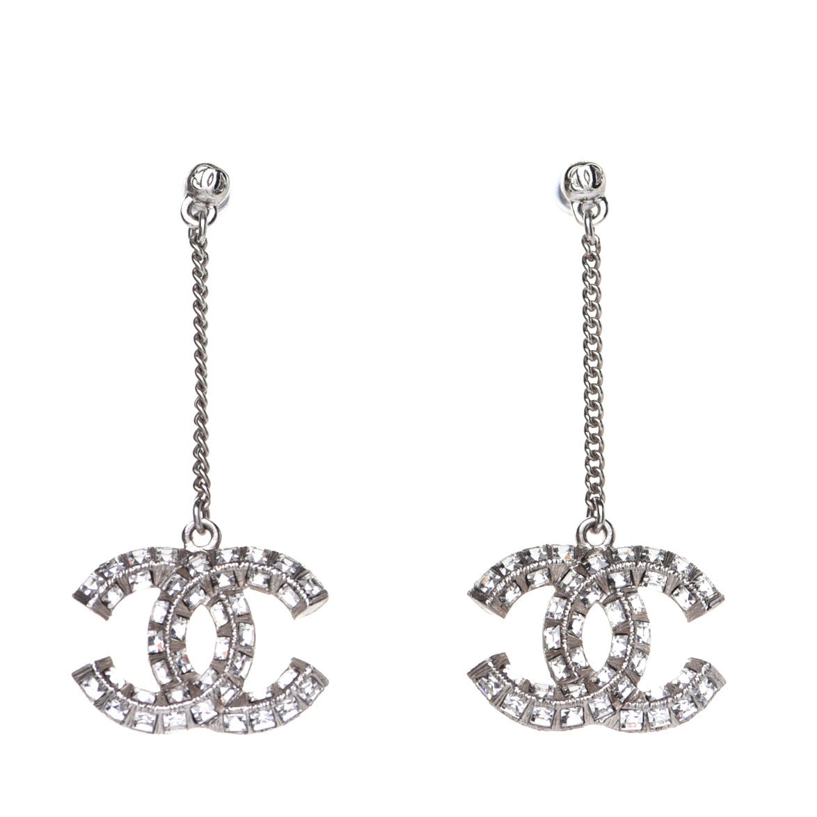 Chanel Baguette Crystal CC Drop Earrings Silver 1 of 7