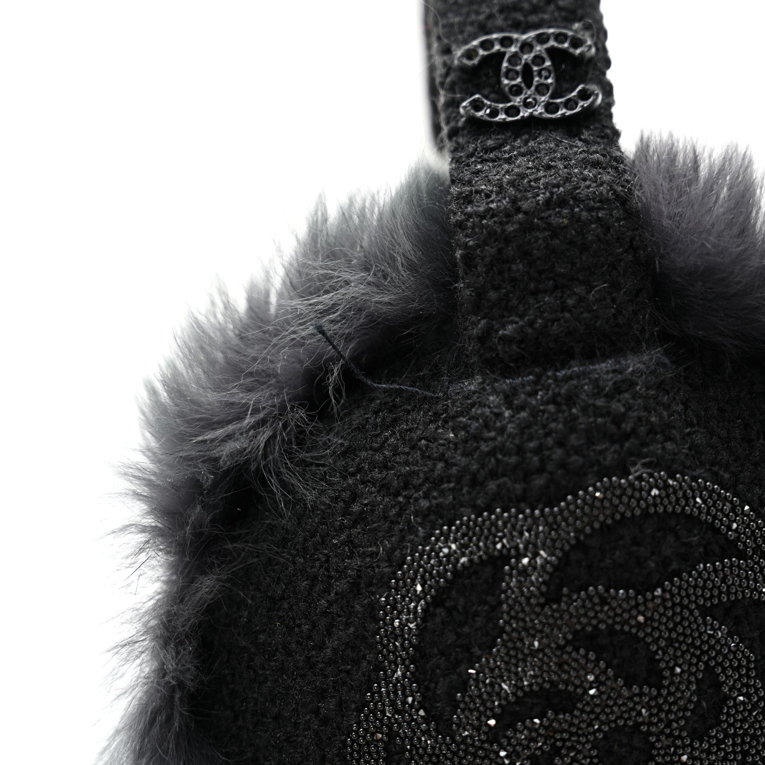 Chanel Rabbit Fur Tweed Cameilla Ear Muffs Black Grey 6 of 7