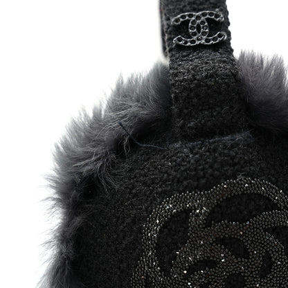 Chanel Rabbit Fur Tweed Cameilla Ear Muffs Black Grey 6 of 7
