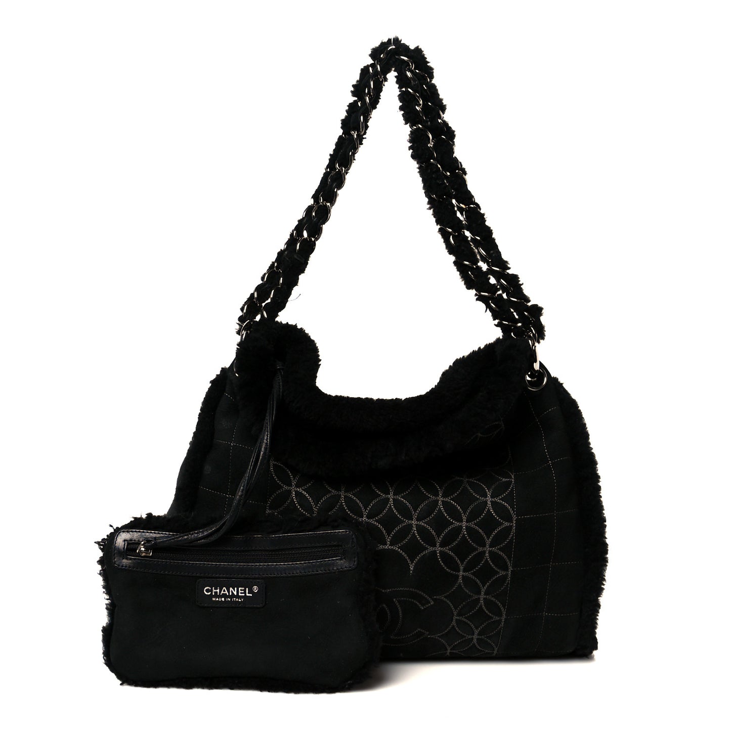 Shearling Suede Stitched CC Tote Black