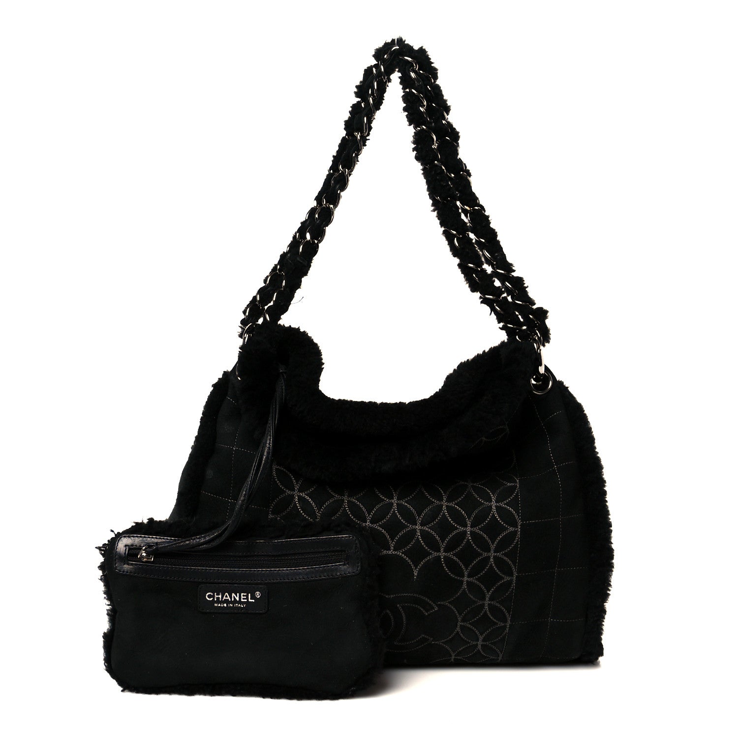 Chanel Shearling Suede Stitched CC Tote Black 3 of 12