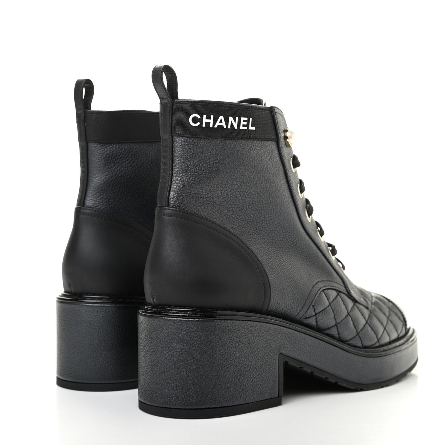 Pearly Calfskin Patent Calfskin Lace Up Combat Boots 37.5 Black