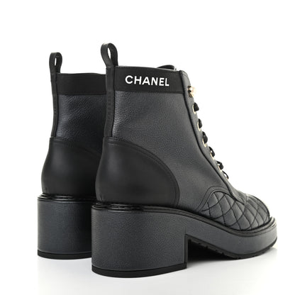 Chanel Pearly Calfskin Patent Calfskin Lace Up Combat Boots 37.5 Black 4 of 8