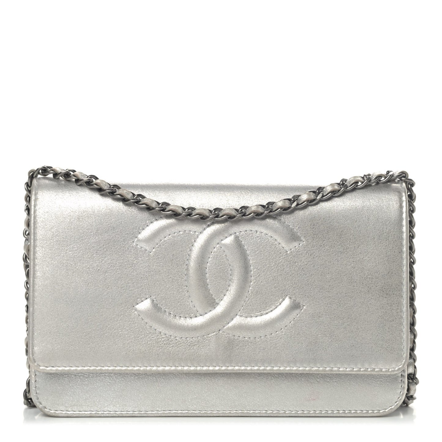 Metallic Lambskin Timeless Wallet on Chain WOC Silver