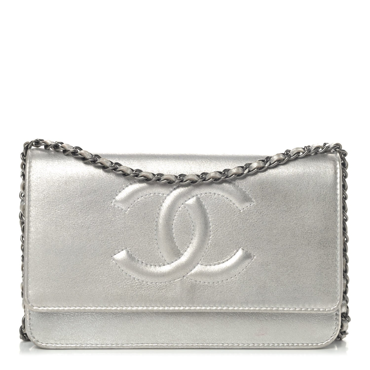 Chanel Metallic Lambskin Timeless Wallet on Chain WOC Silver 1 of 6