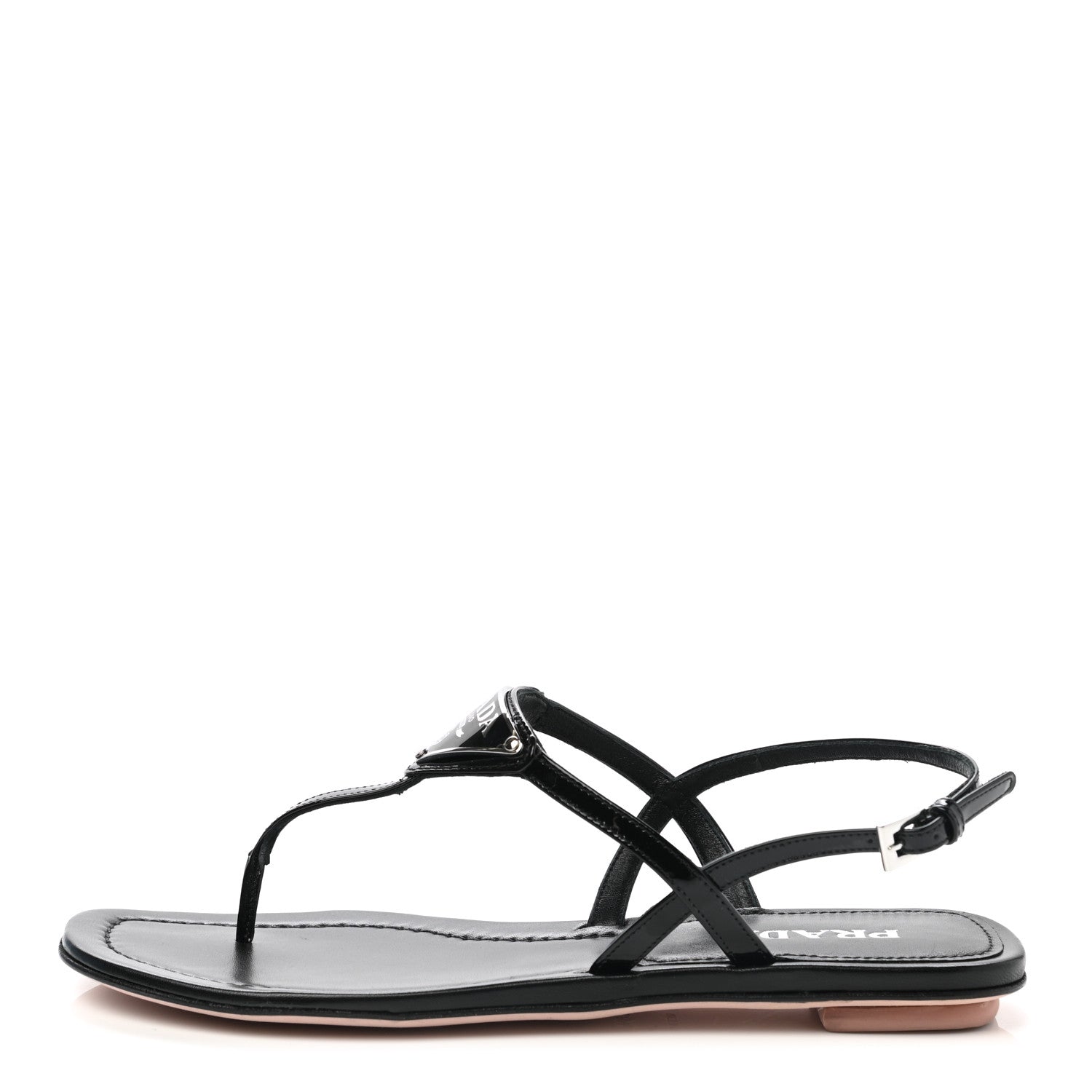Prada Vernice Metal Triangle Logo Slingback Flat Thong Sandals 38.5 Black 1 of 10