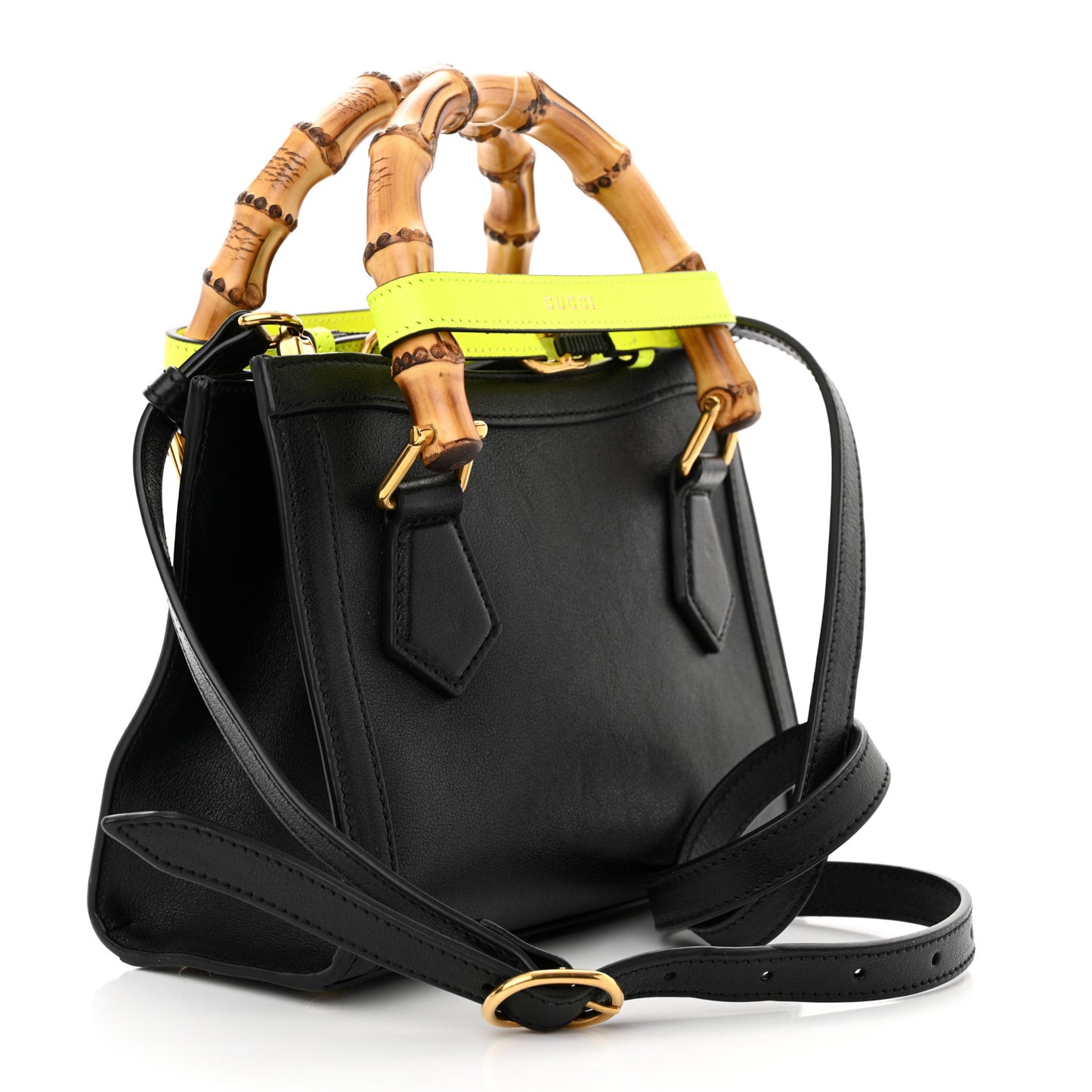 Wonka Grain Calfskin Mini Diana Tote Bag Black Yellow Fluo