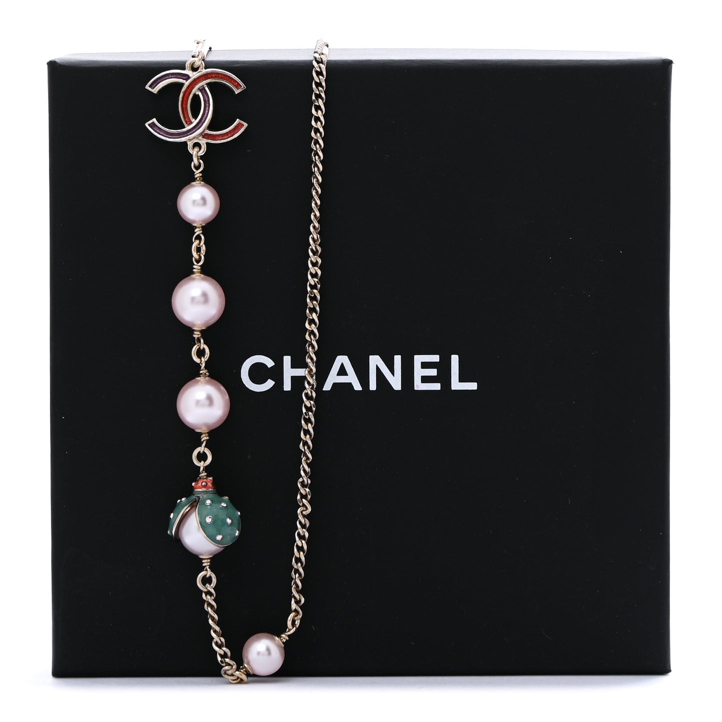 Pearl Crystal Resin CC Beaded Long Necklace Gold Pink Green
