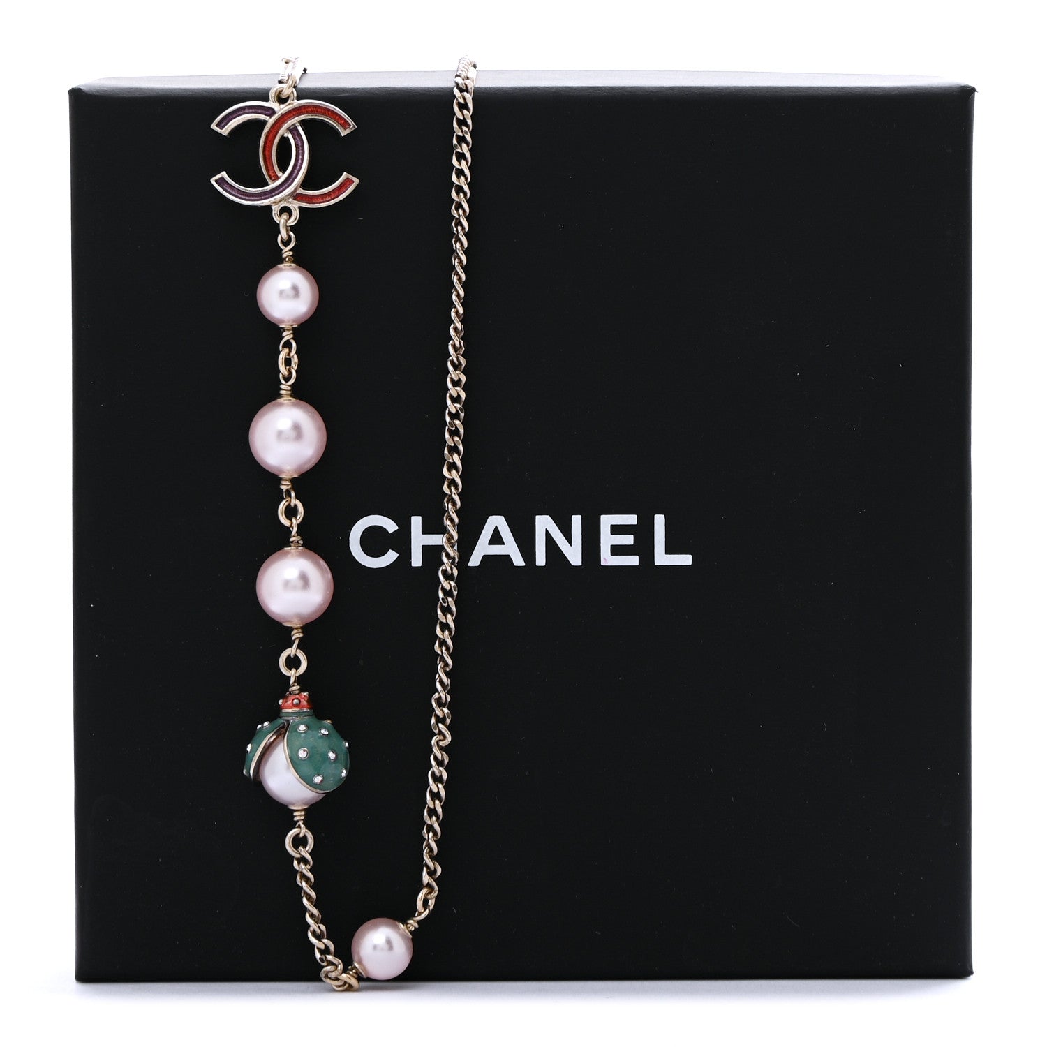 Chanel Pearl Crystal Resin CC Beaded Long Necklace Gold Pink Green 7 of 7