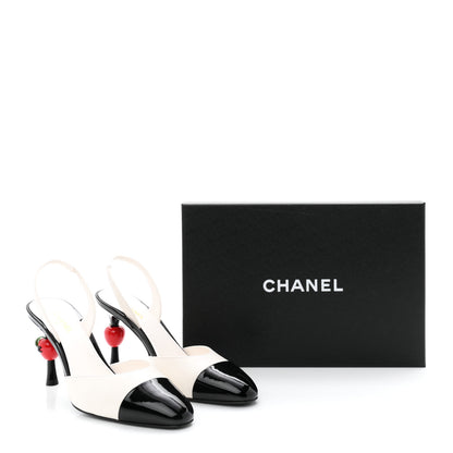 Chanel Lambskin Patent Calfskin Cap Toe CC Apple Slingback Pumps 40 White Black 10 of 10