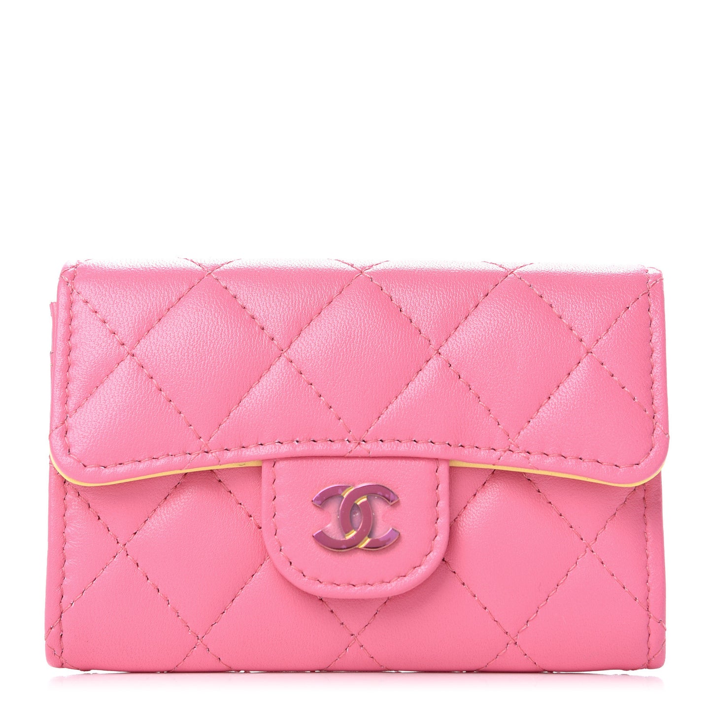 Lambskin Quilted Flap Card Holder Wallet Pink Yellow