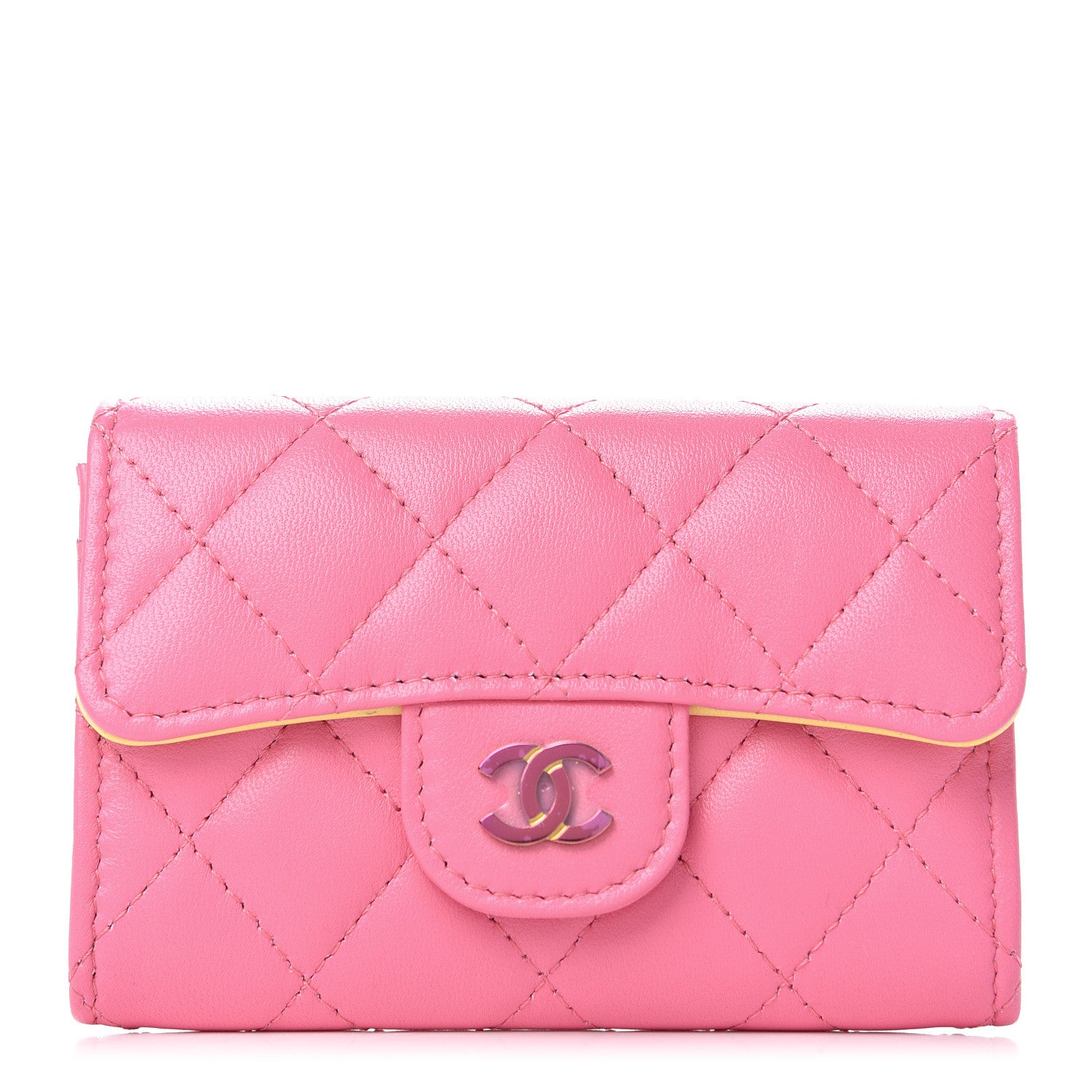 Chanel Lambskin Quilted Flap Card Holder Wallet Pink Yellow 1 of 9