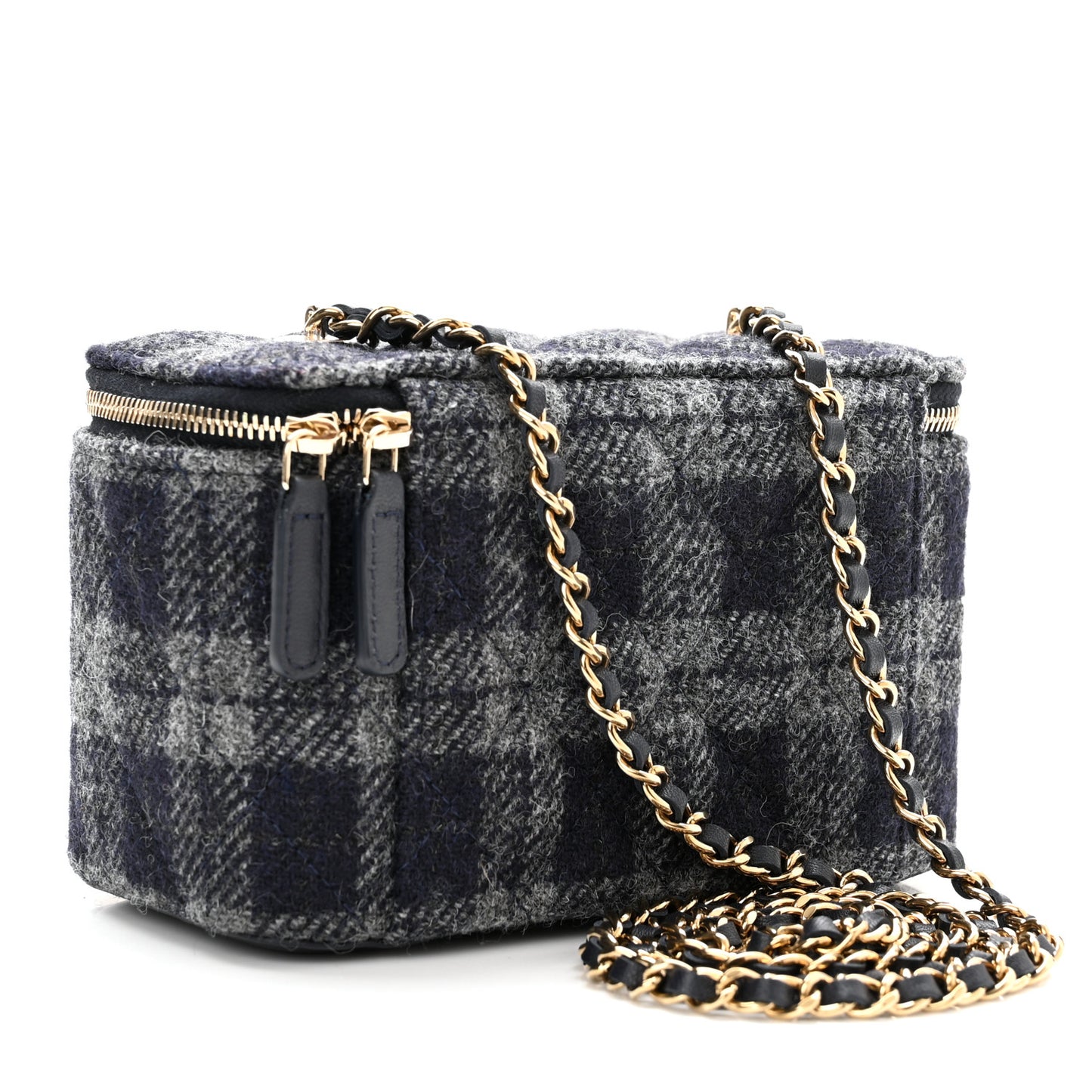Wool Plaid Quilted Small Vanity Case With Chain Blue