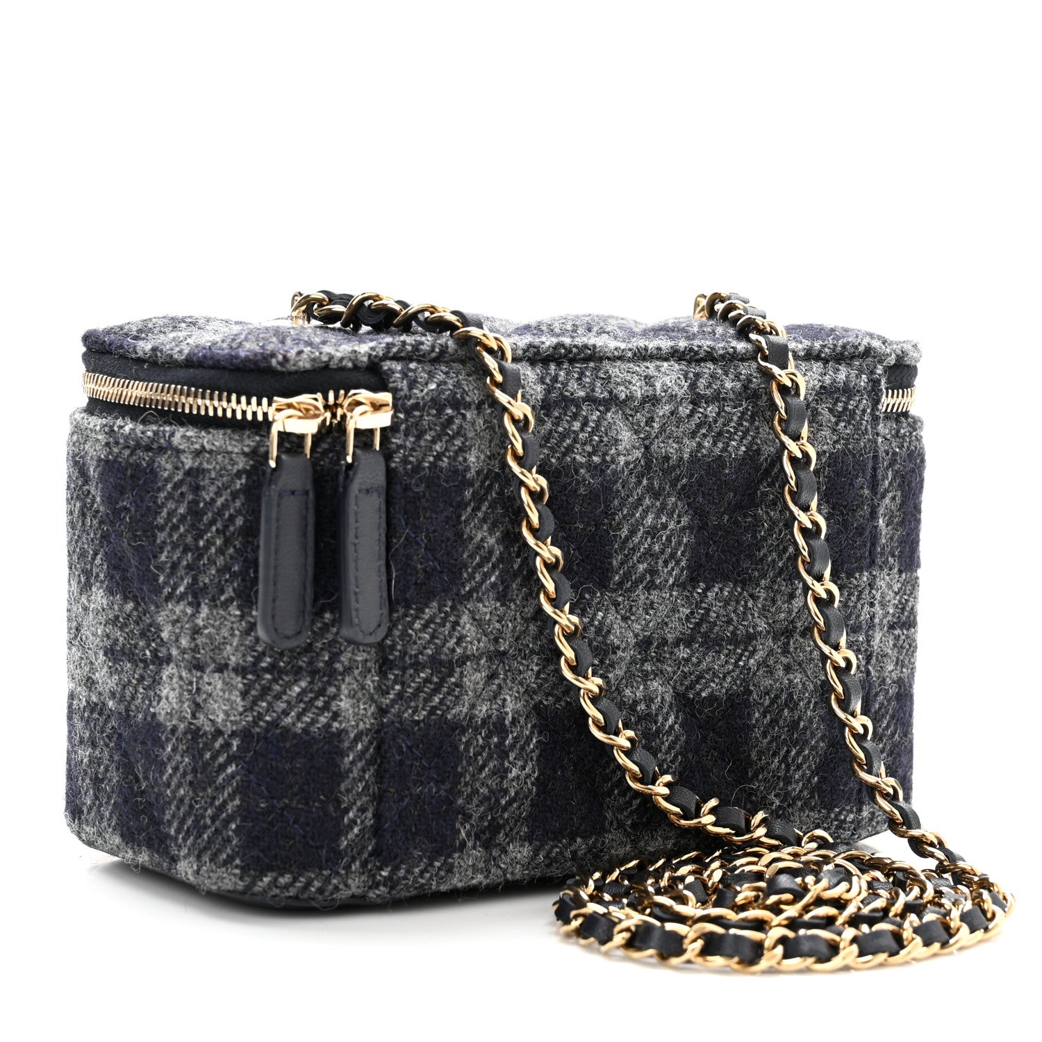 Chanel Wool Plaid Quilted Small Vanity Case With Chain Blue 3 of 12