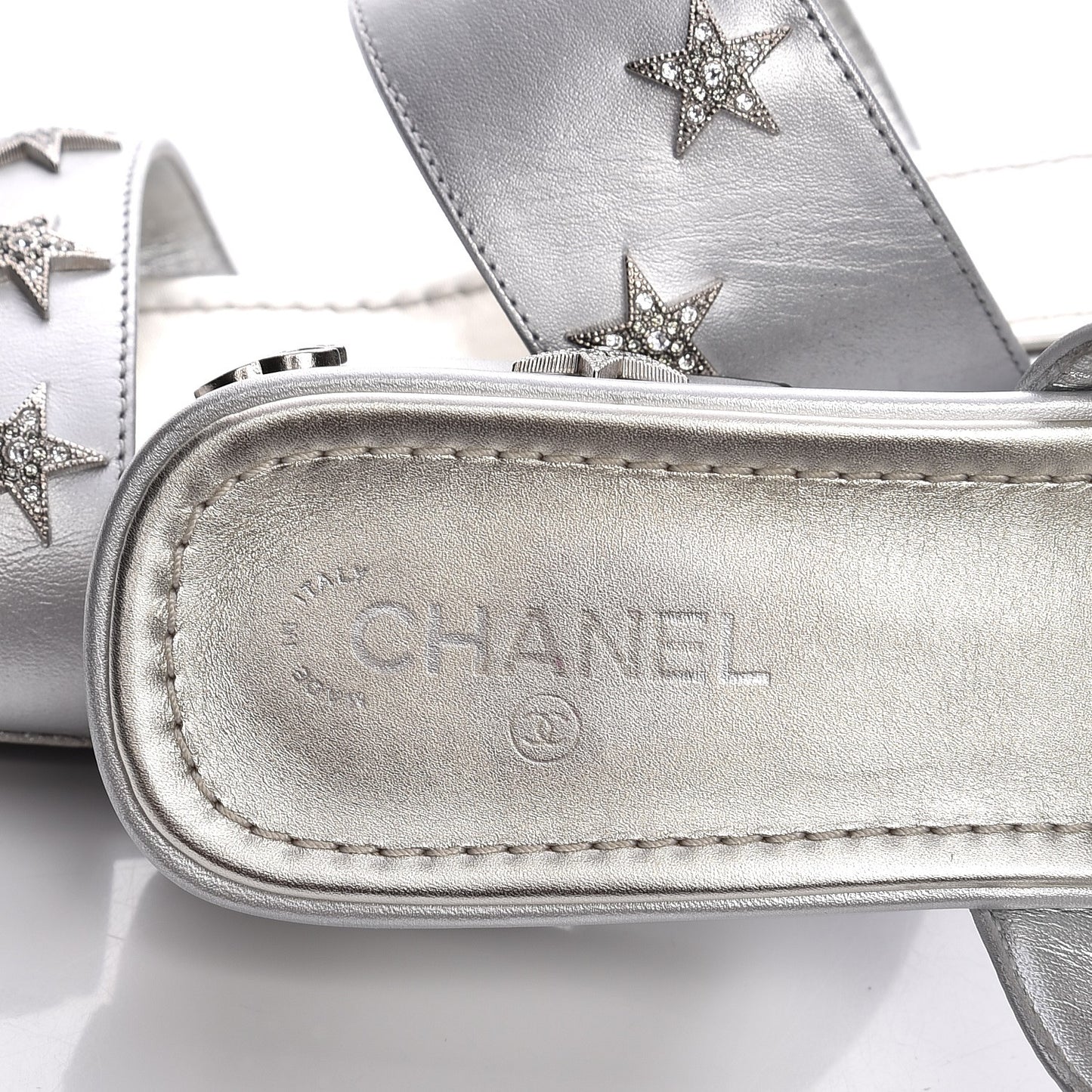 Iridescent Calfskin Crystal Stars Mules 39.5 Silver