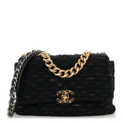 Chanel Tweed Quilted Large Chanel 19 Flap Black Navy Gold 1 of 11