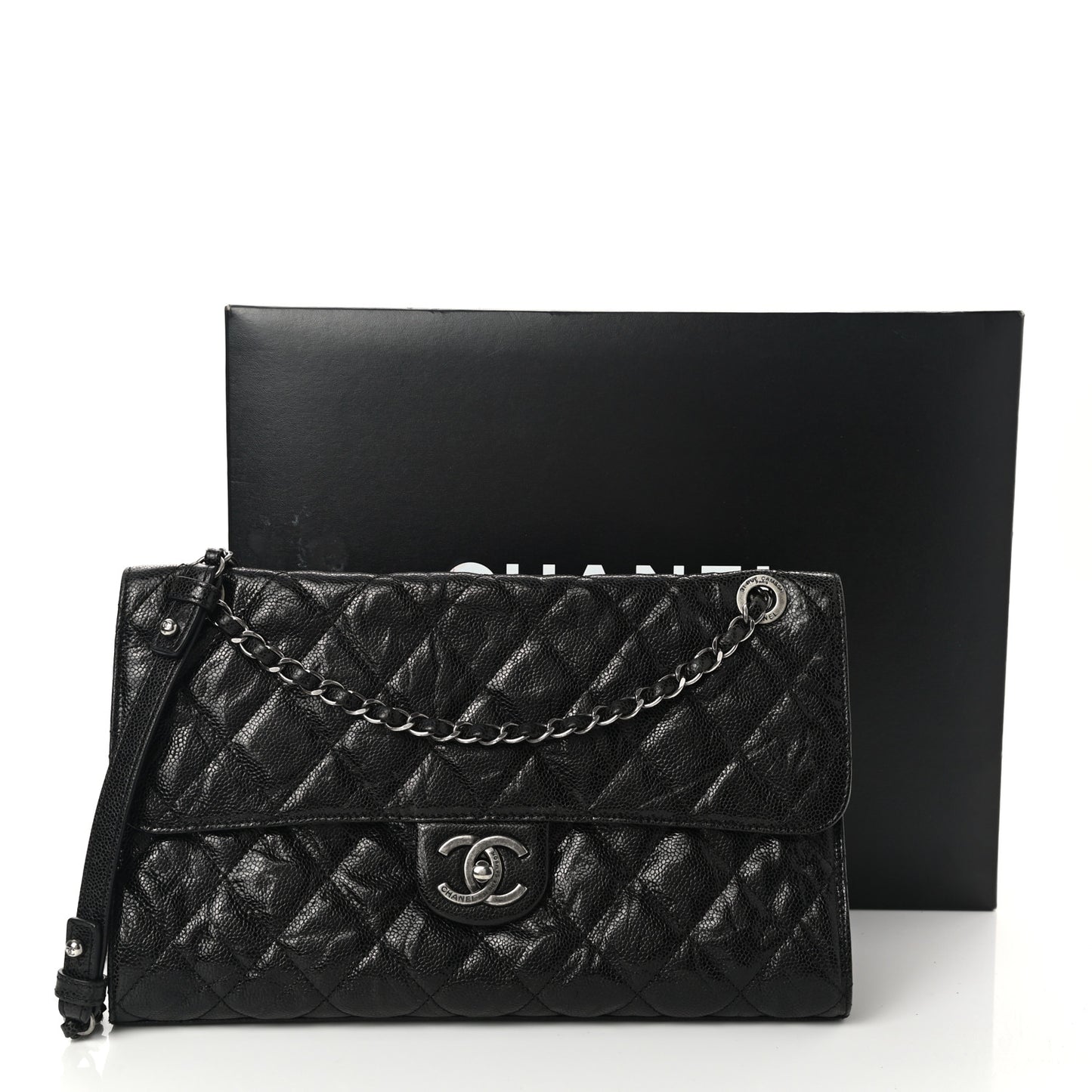Crumpled Grained Calfskin Jumbo CC Crave Flap Black