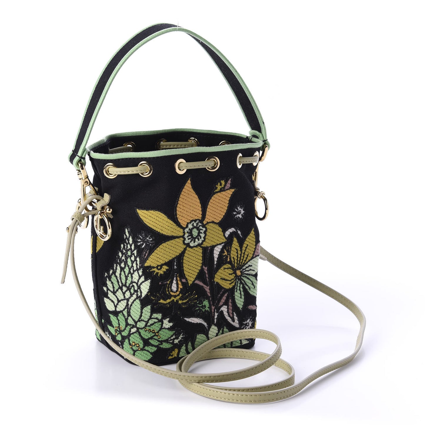 Canvas Vitello Century F is Fendi Psychedelic Flowers Embroidered Mini Mon Tresor Bucket Bag Verde Mandorlo Multicolor