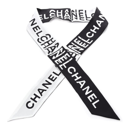 Chanel Silk Logo Slim Bandeau Scarf Black White 1 of 2