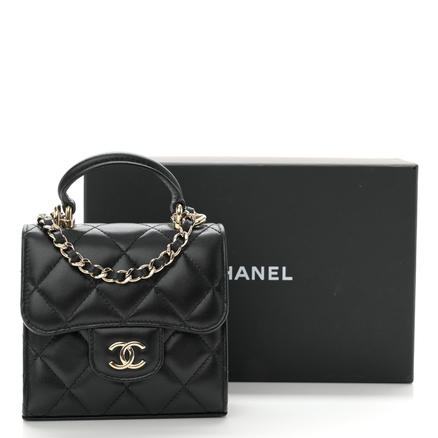Chanel Lambskin Quilted Top Handle Flap Clutch With Chain Black 12 of 12