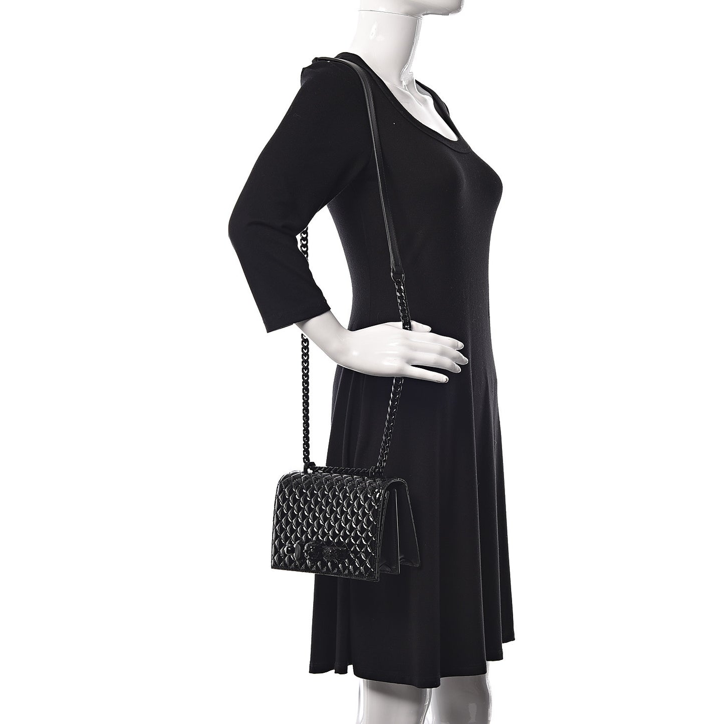 Patent Quilted Small Jeweled Knuckle Satchel Black