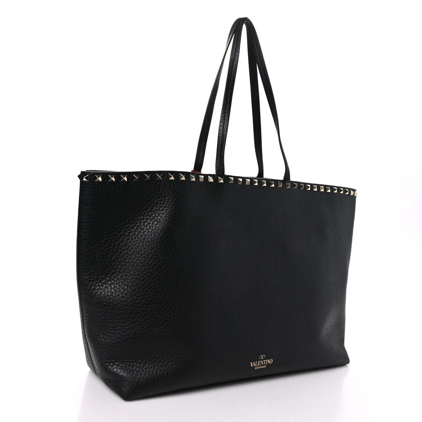 Grained Calfskin Rockstud Shoulder Tote Black