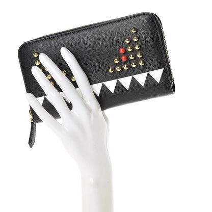 Fendi Vitello Elite Studded Monster Zip Around Wallet Black 2 of 7