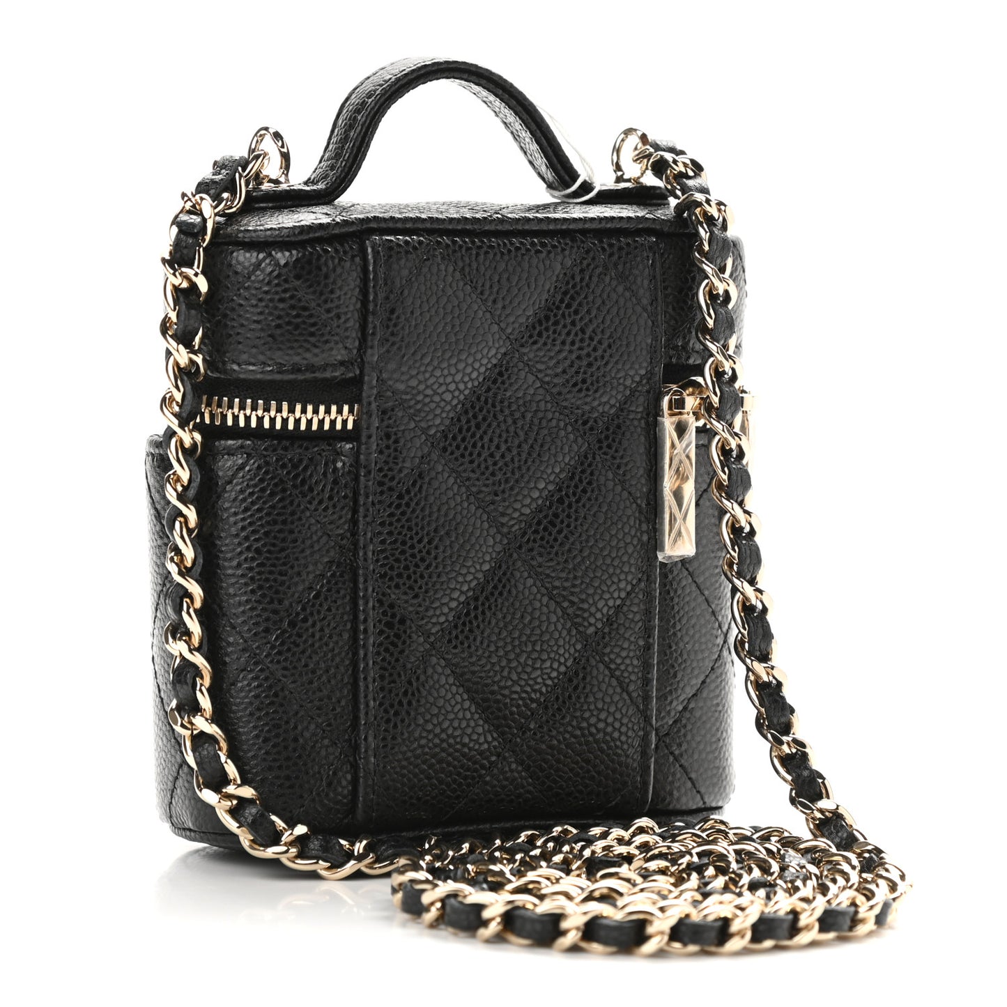 Caviar Quilted Small Handle With Care Vanity Case With Chain Black