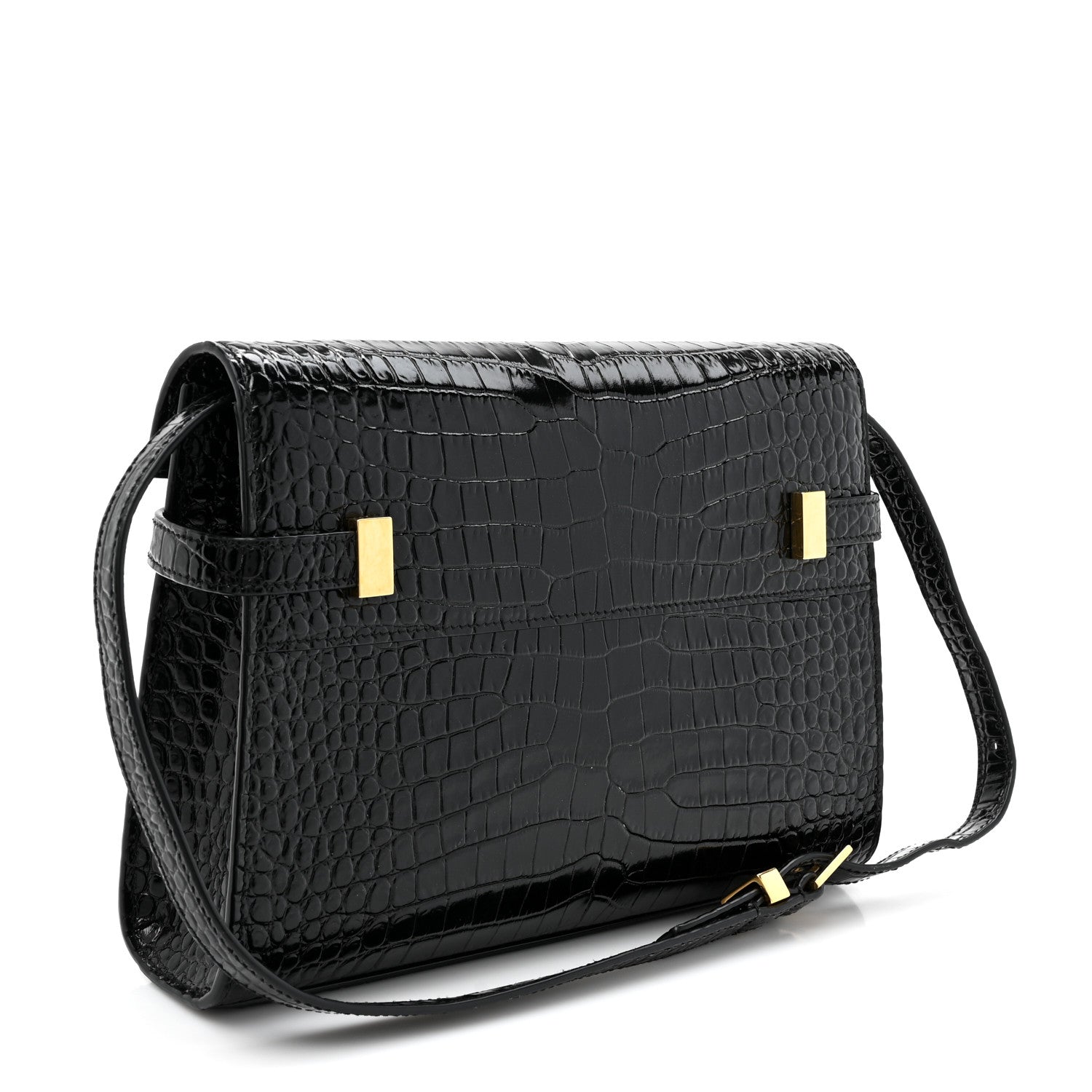 Saint Laurent Shiny Calfskin Crocodile Embossed Manhattan Baguette Black 3 of 11