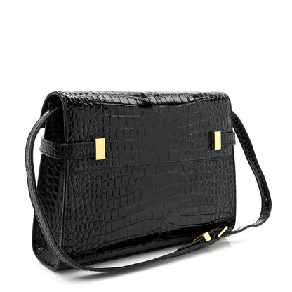 Saint Laurent Shiny Calfskin Crocodile Embossed Manhattan Baguette Black 3 of 11