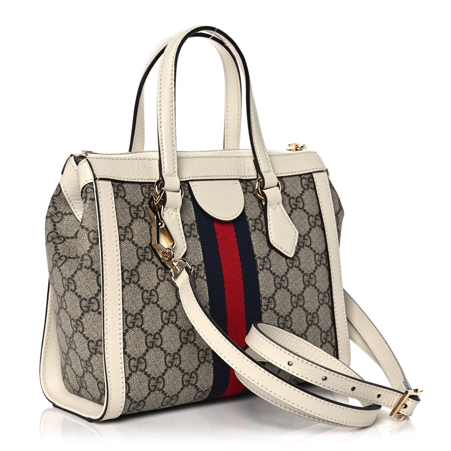 GG Supreme Monogram Textured Dollar Calfskin Web Small Ophidia Tote Bag Beige Ebony Mystic White