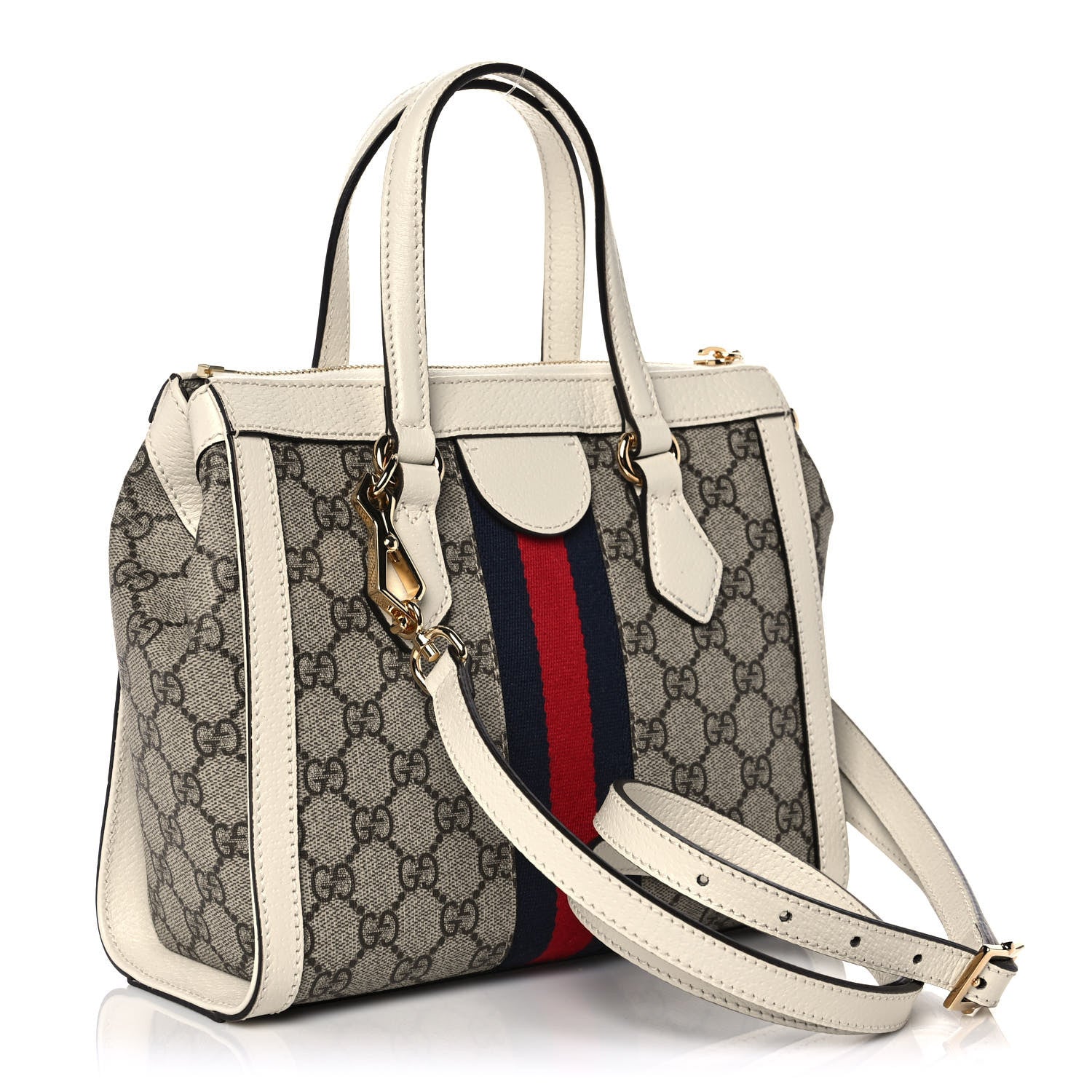 Gucci GG Supreme Monogram Textured Dollar Calfskin Web Small Ophidia Tote Bag Beige Ebony Mystic White 3 of 11