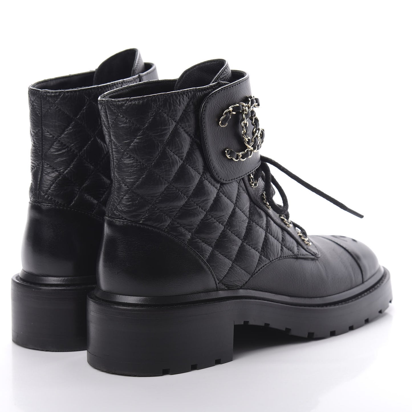 Shiny Goatskin Calfskin Quilted Lace Up Combat Boots 39 Black