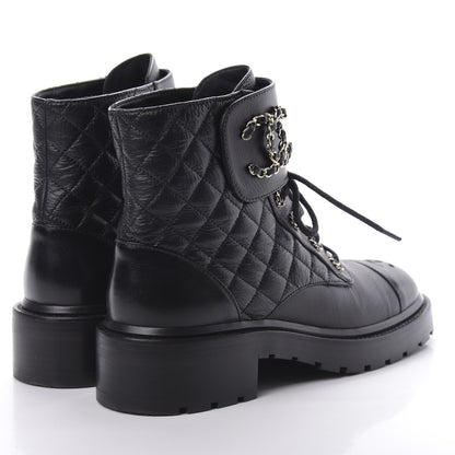 Chanel Shiny Goatskin Calfskin Quilted Lace Up Combat Boots 39 Black 4 of 8