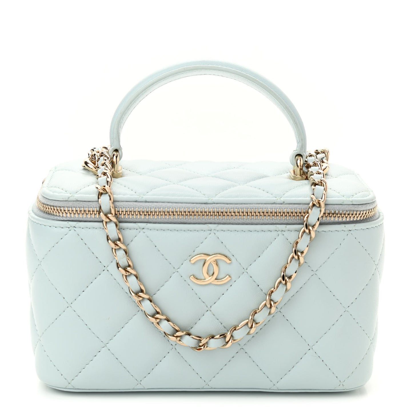 Lambskin Quilted Small Top Handle Vanity Case With Chain Light Blue