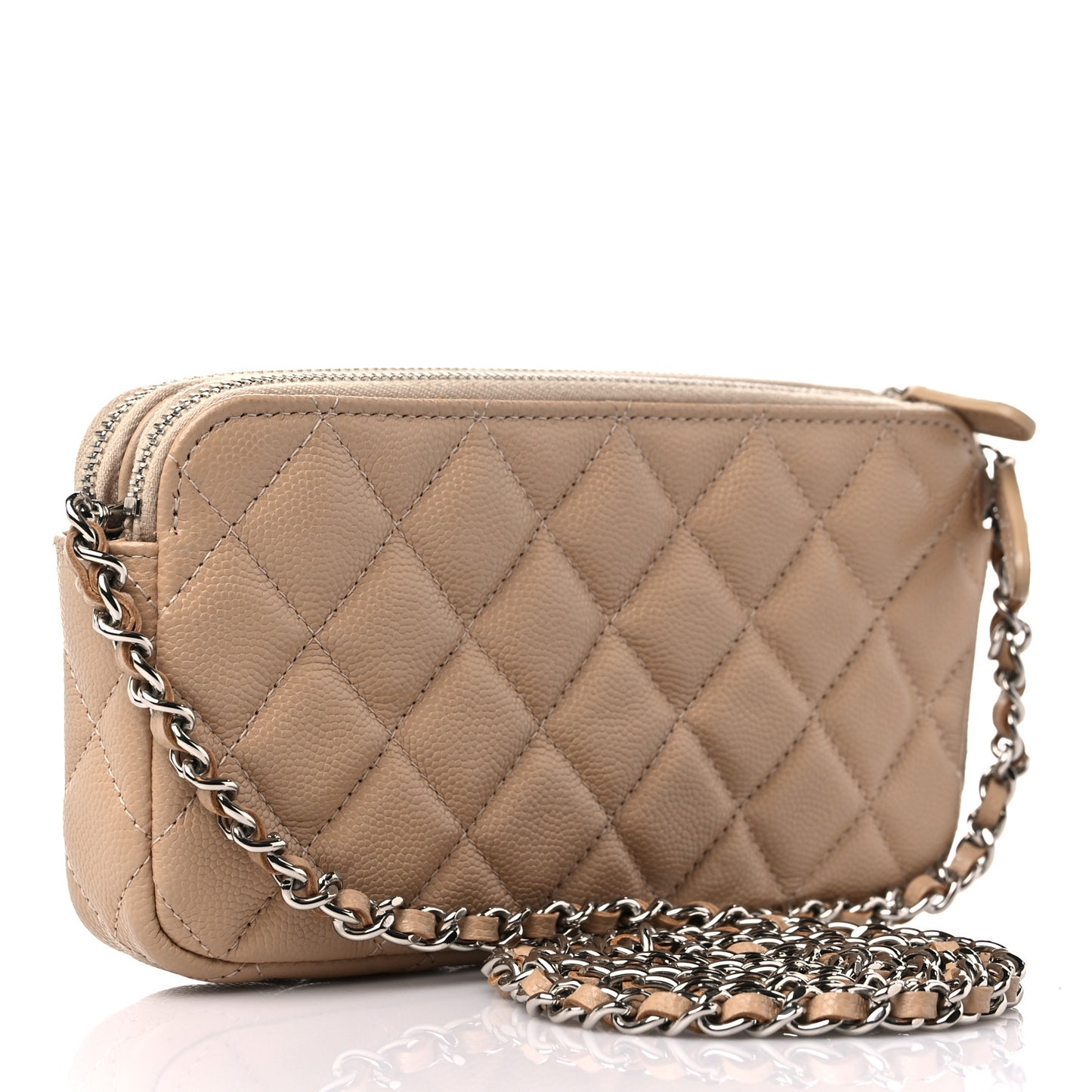 Caviar Quilted Small Clutch With Chain Beige