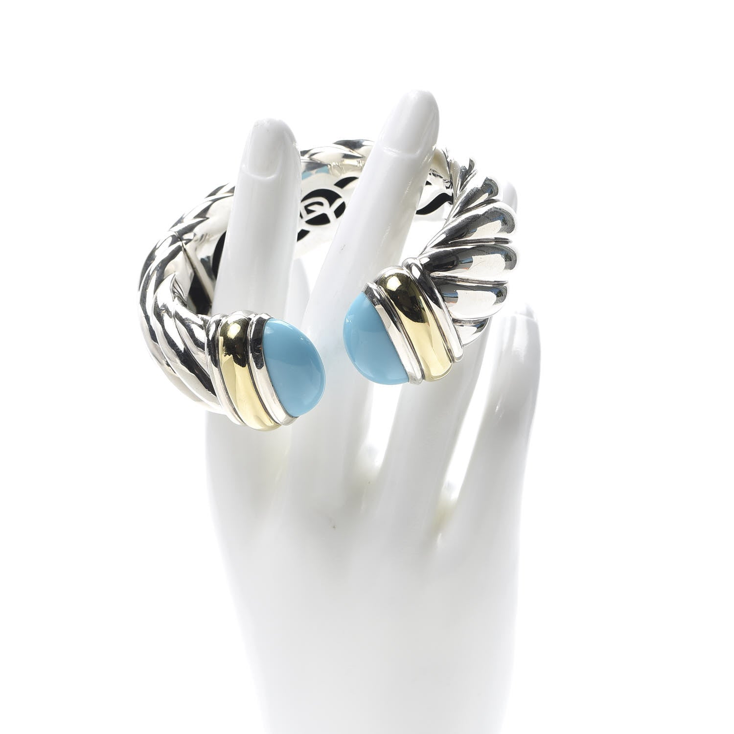 David Yurman Sterling Silver 18K Yellow Gold Turquoise 25mm Waverly Bracelet 2 of 6