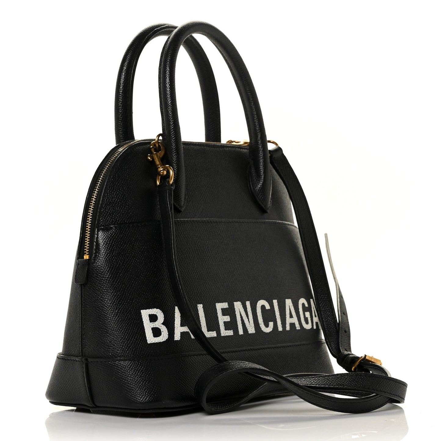 Signature Grained Calfskin Logo S Ville Top Handle Bag Black