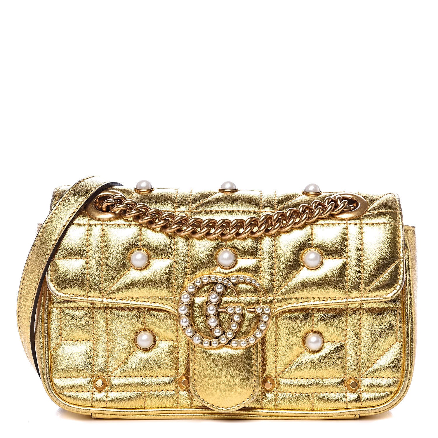 Gucci Metallic Calfskin Matelasse Studded Mini Pearly GG Marmont Shoulder Bag Gold 1 of 10