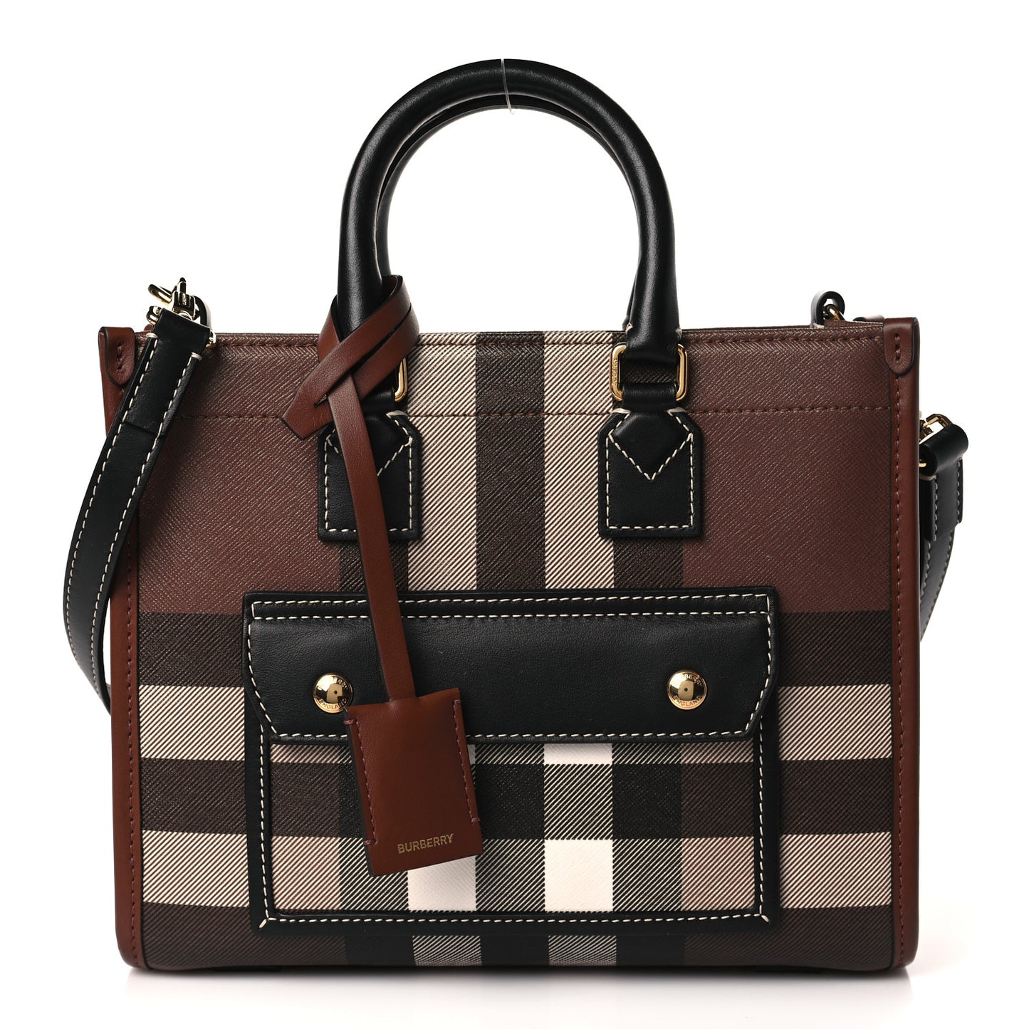 E-Canvas Check Calfskin Mini Freya Tote Dark Birch Brown