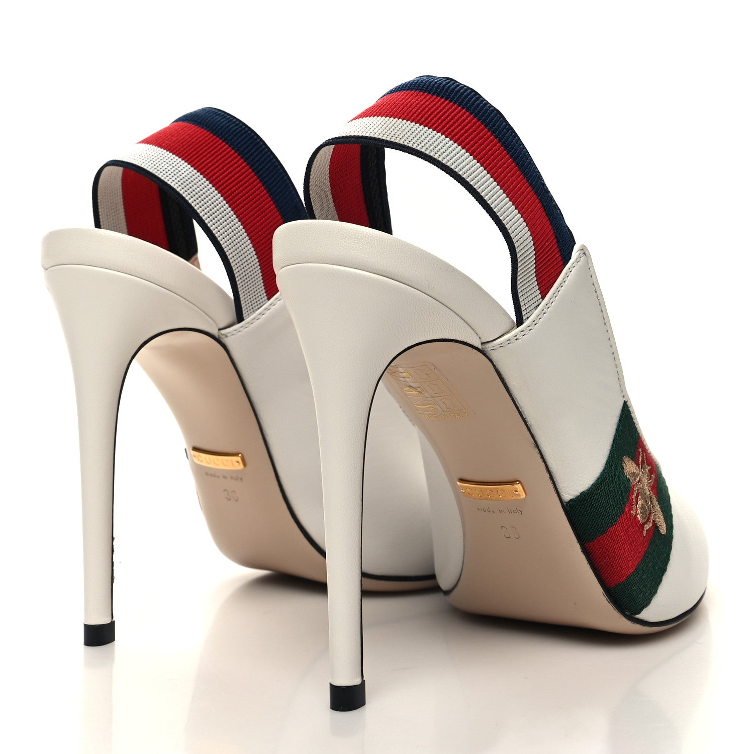 Gucci Malaga Kid Web Sylvie High Heel Slingback Pumps 38 White 4 of 8