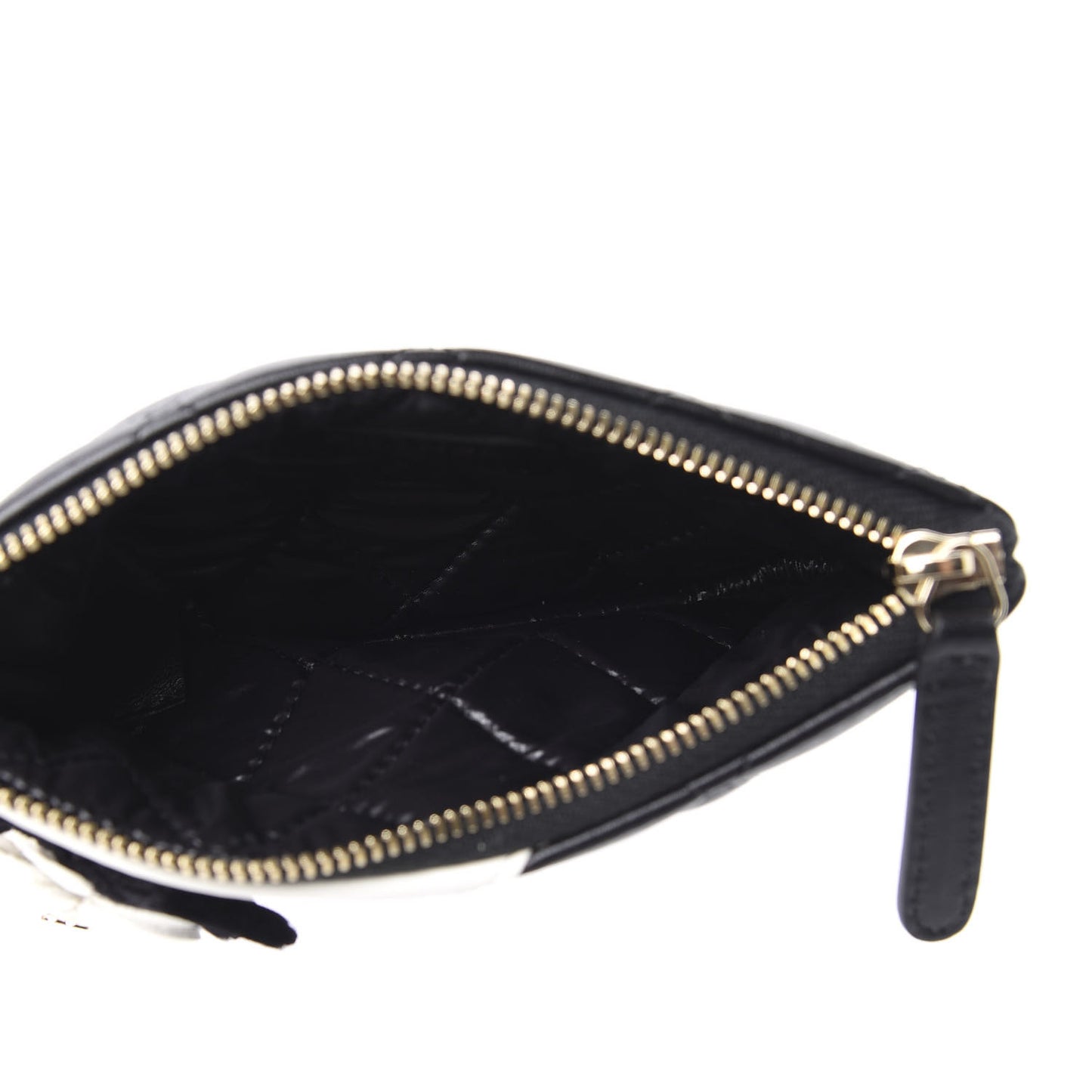 Lambskin Quilted Small Camellia Cosmetic Pouch Black White
