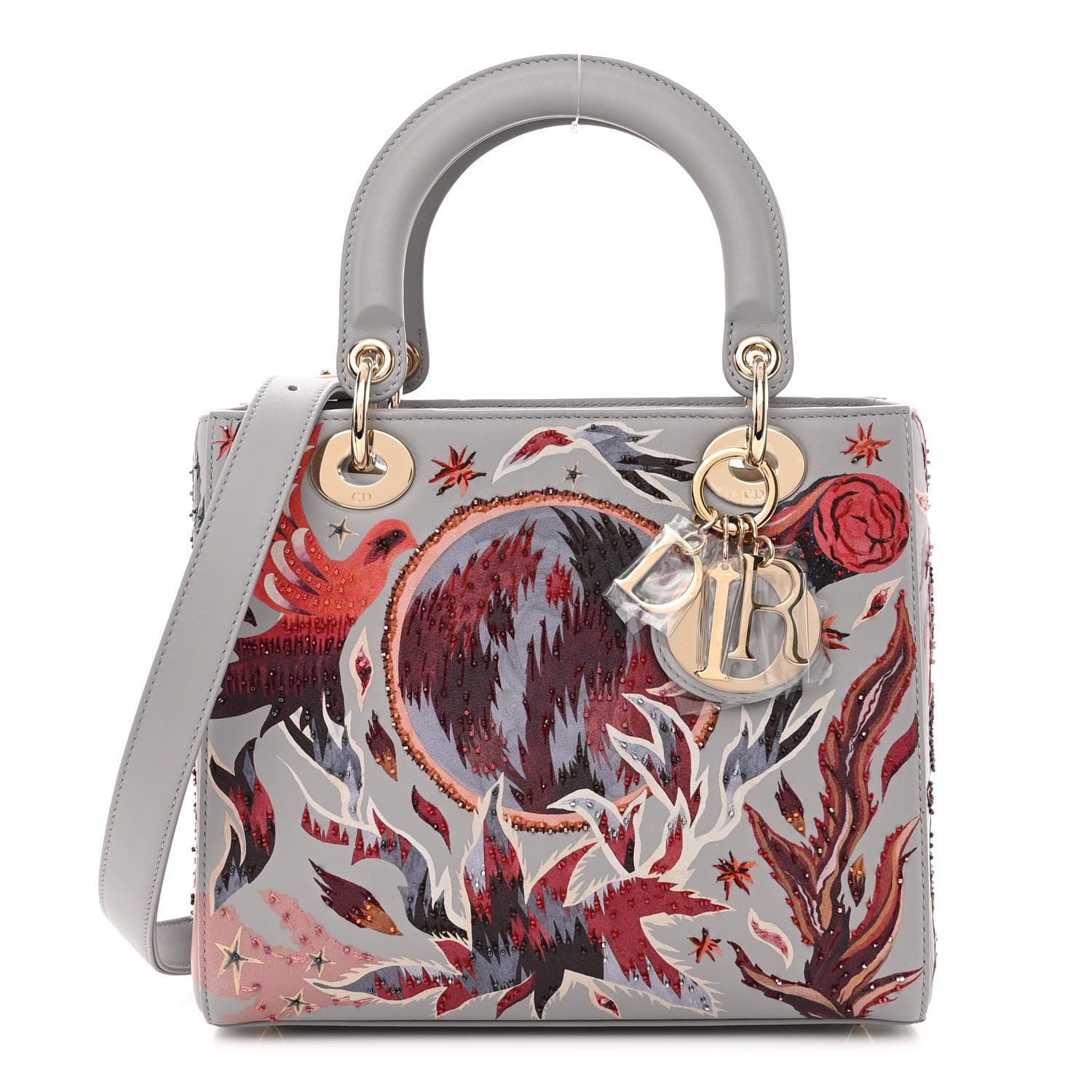 Christian Dior Calfskin Embroidered Beaded Medium Nature Ballet Lady Dior Grey Multicolor 1 of 9