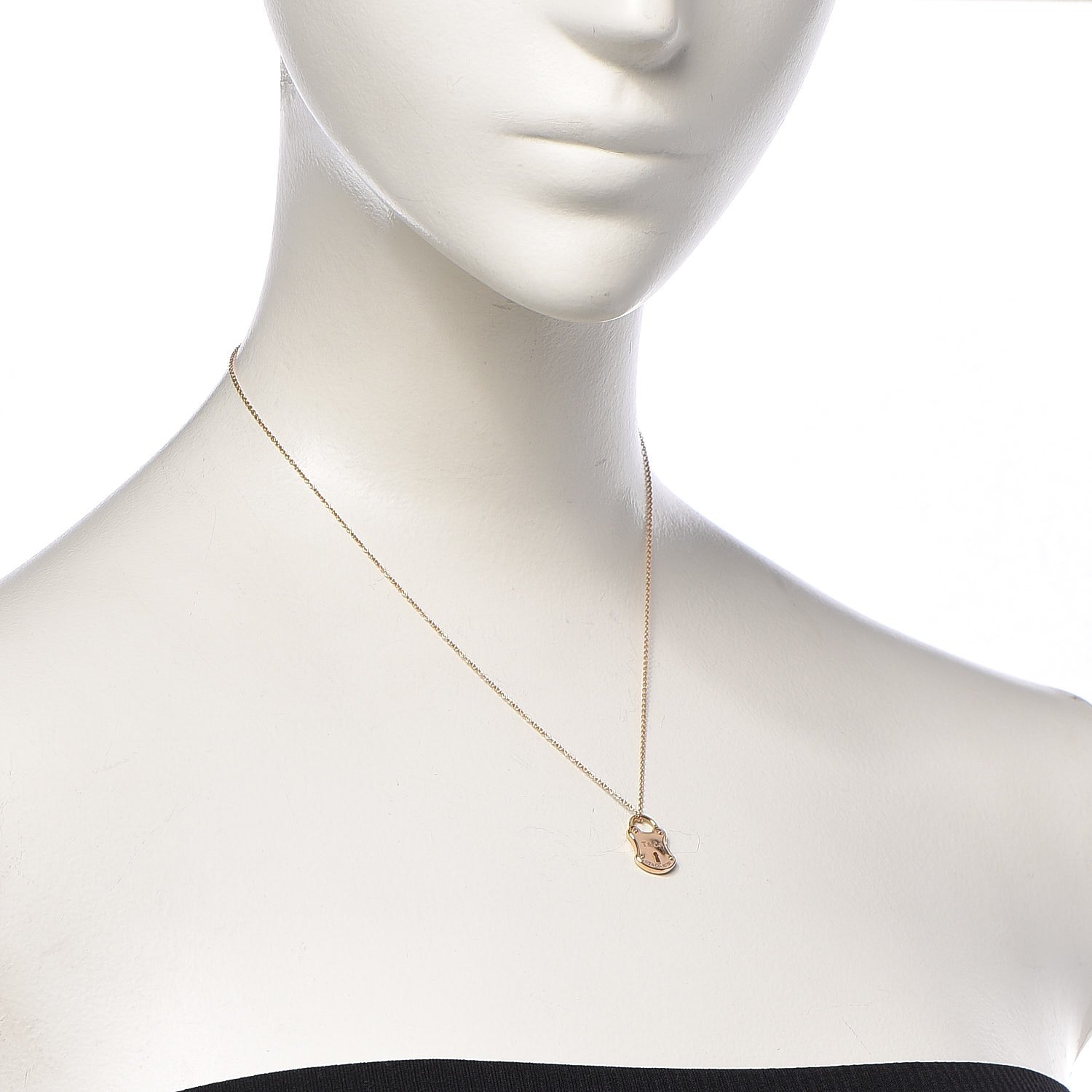 Tiffany 18K Rose Gold Emblem Lock Pendant Necklace 2 of 8