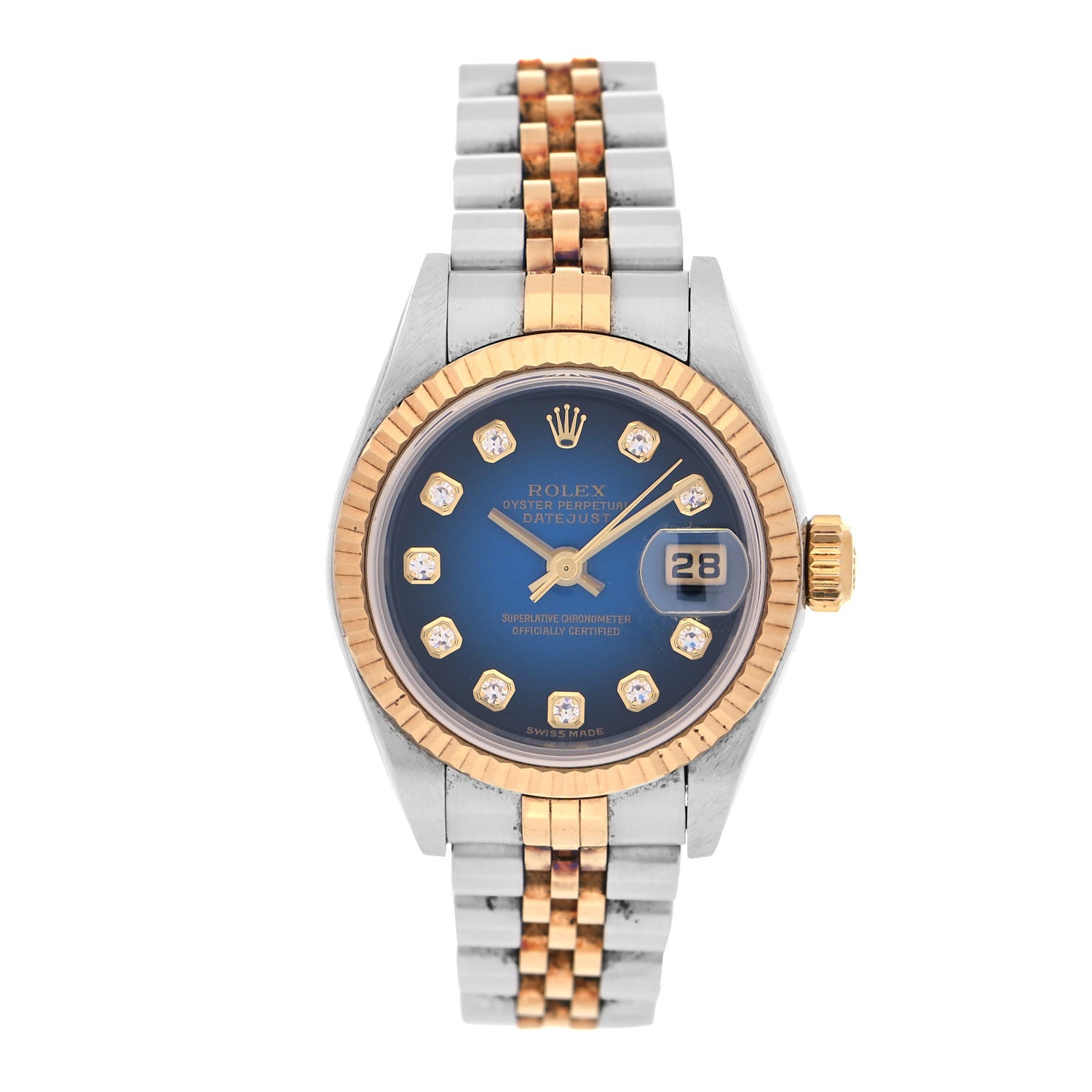 Rolex Stainless Steel 18K Yellow Gold Diamond 26mm Oyster Perpetual Datejust Watch Blue Gradient 79173 1 of 4