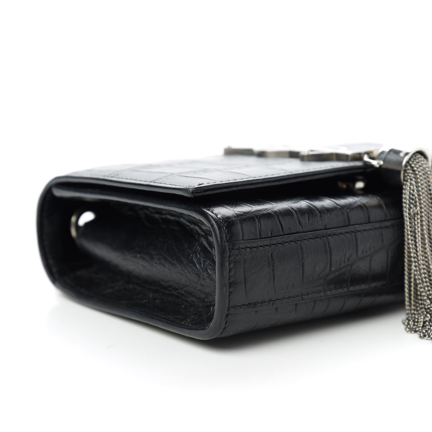 Calfskin Crocodile Embossed Monogram Small Kate Tassel Satchel Black