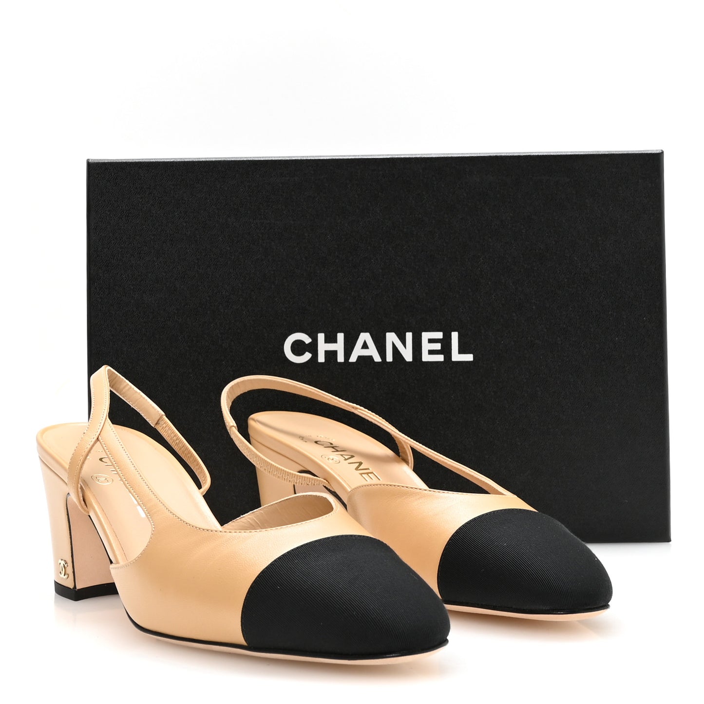 Goatskin Grosgrain Cap Toe CC Slingback Pumps 39 Beige Black