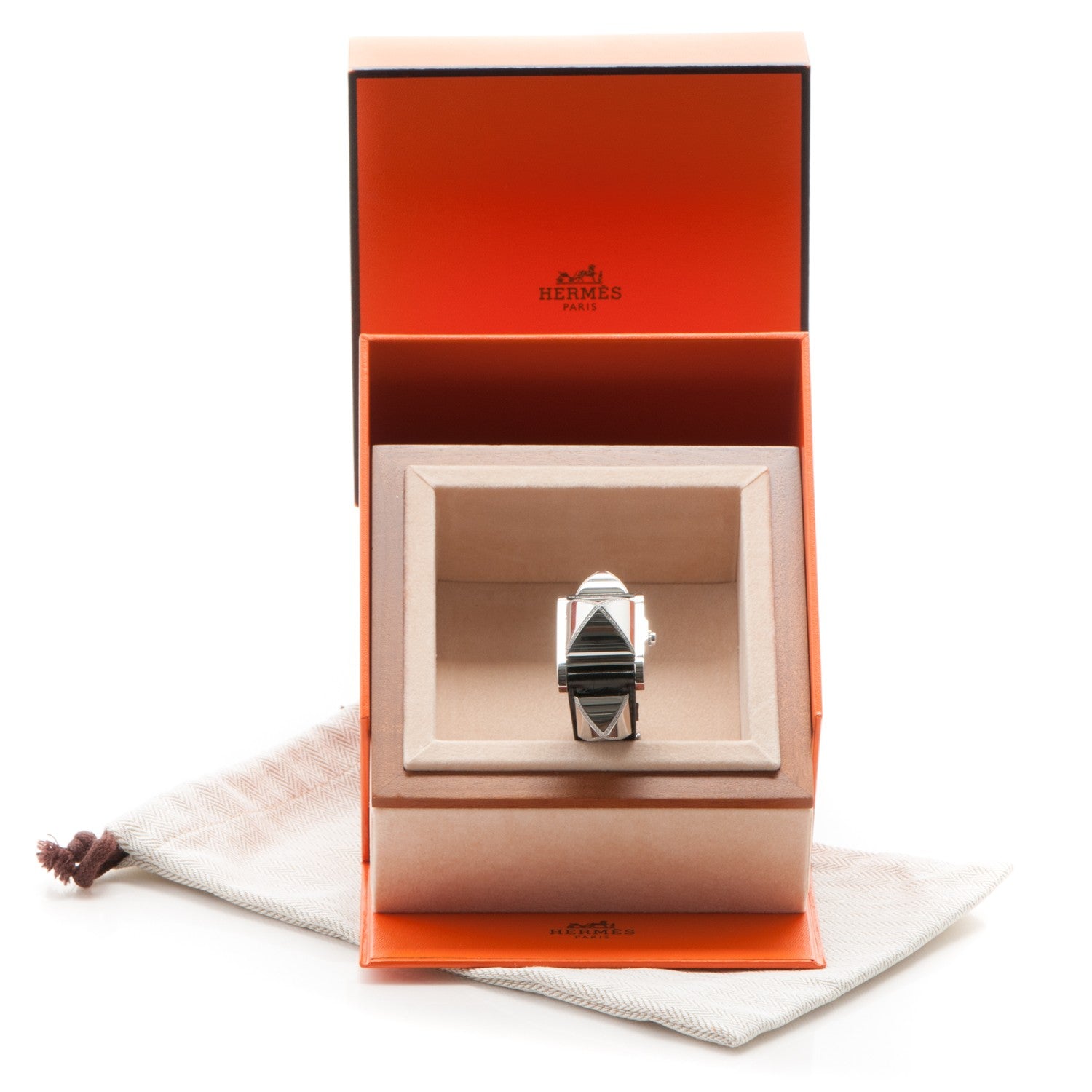 Hermes Stainless Steel Alligator Diamond 23mm Medor Quartz Watch Noir 11 of 11