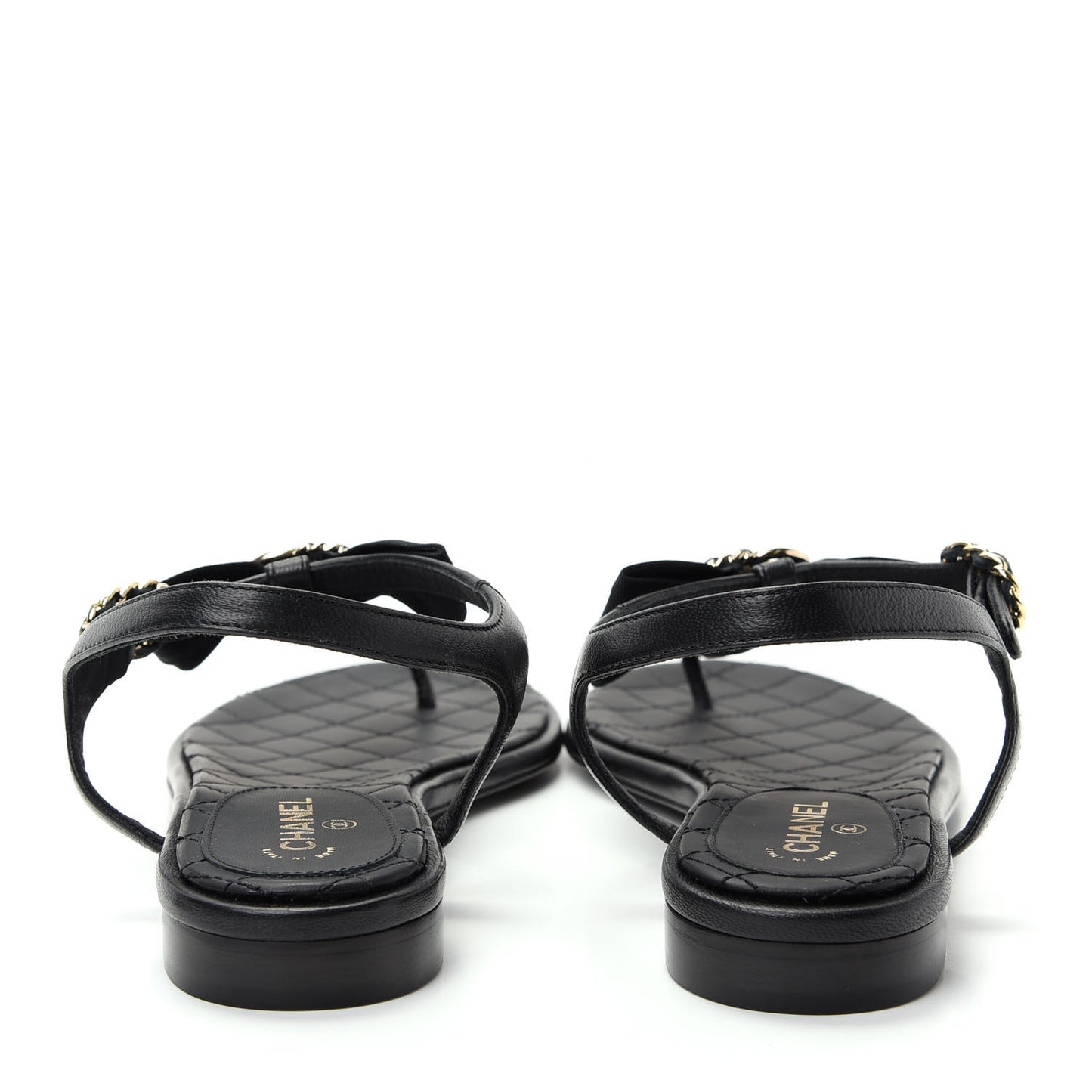 Lambskin Crystal Chain CC Logo Thong Sandals 35.5 Black