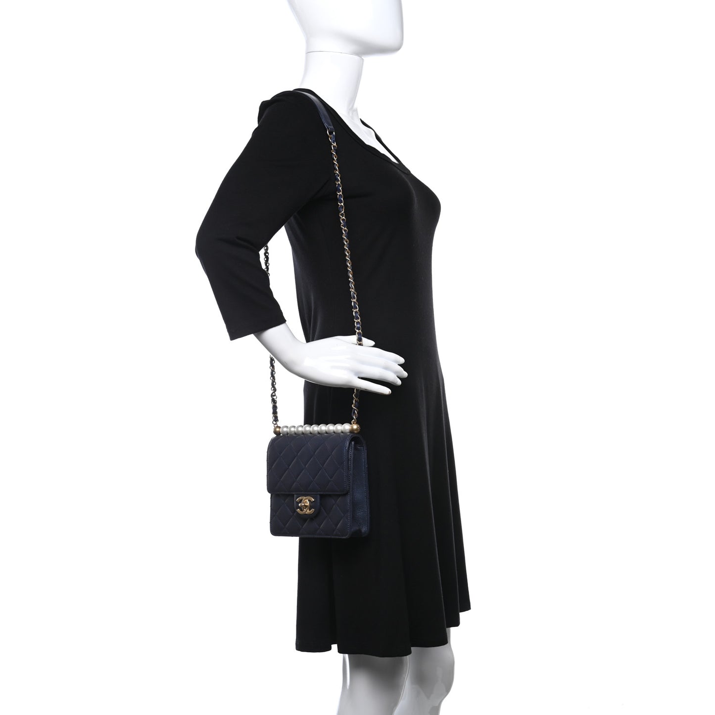 Iridescent Lambskin Quilted Chic Pearls Flap Navy Blue